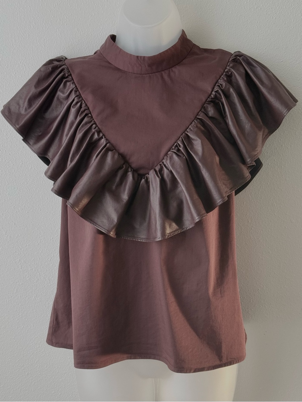 CROSBY by Mollie Burch Brown Faux Leather Ruffle Yoke Mock Neck Top Small